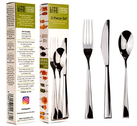 – Lite Bite Portion Control Cutlery 3 piece set, stainless steel, fit less food than standard sized cutlery to be used as a training aid for slower eating, Amazon £14.95 – Lite Bite Portion Control Cutlery 3 piece set, stainless steel, fit less food than standard sized cutlery to be used as a training aid for slower eating, Amazon £14.95